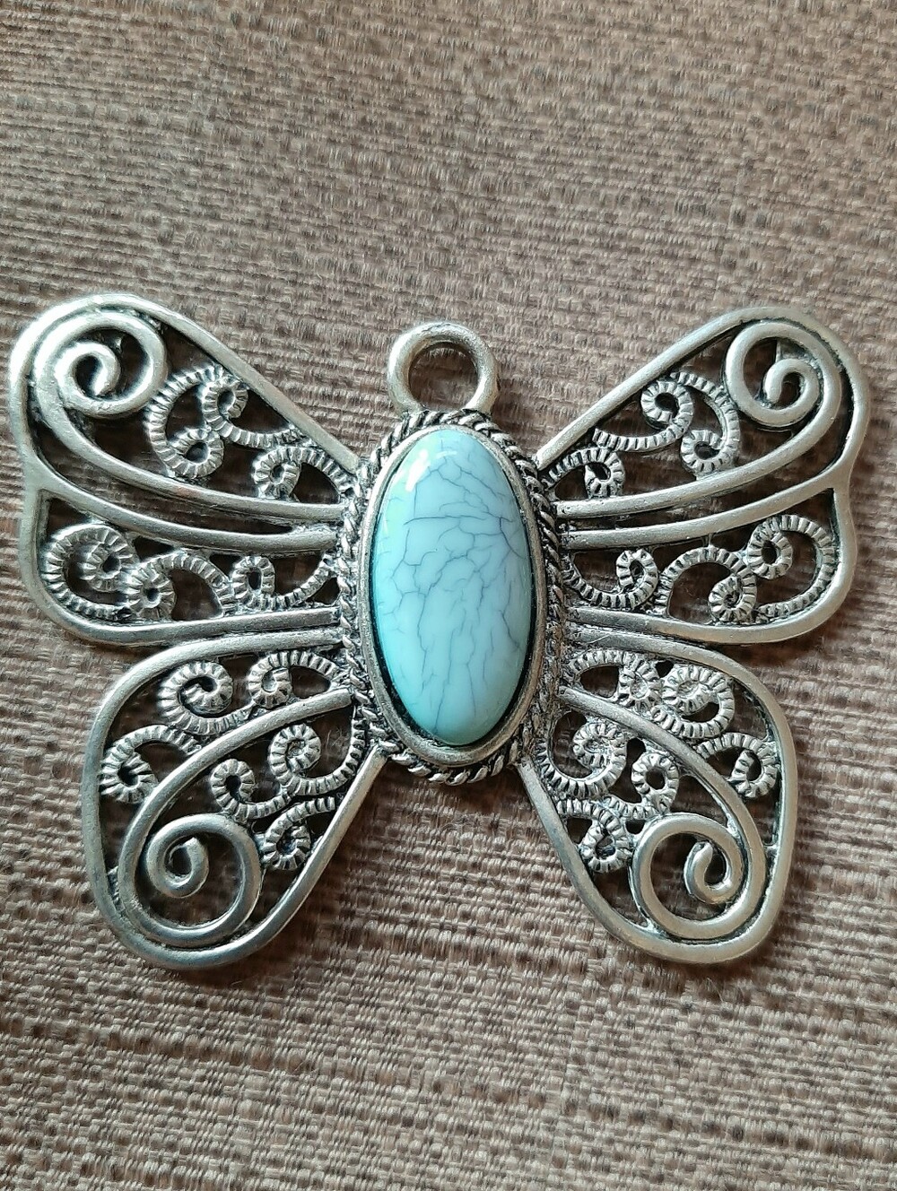 FREE IN BUNDLE Art Deco Distressed Metal Butterfly Turquoise Stone pendant